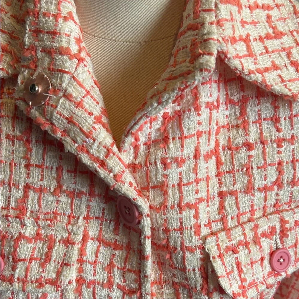 Monique Lhuillier Pink and White Tweed Trench Coat